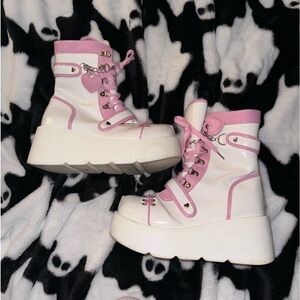 pink and white chunky ankle boots